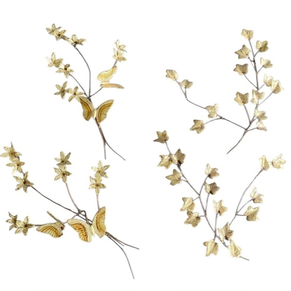 Vintage Homeco MCM 3D Brass & Copper Butterfly Leaf Flower Wall Art 4pc Set